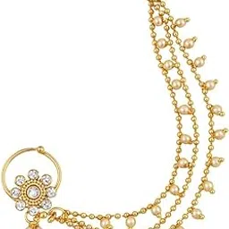 gc premium jewellery Classic Gold Plated Nose Pin with CZ, Kundan and Triple Pearl Chain-picture-22