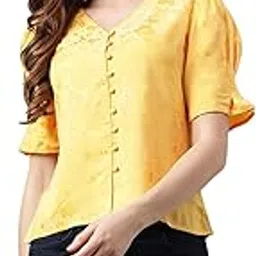latin quarters Casual Puff Sleeves Women V-Neck Yellow Top-picture-32