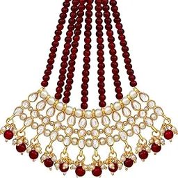 Gold-Plated & White Kundan Pearl Studded & Beaded Jhumar Passa Jewellery-image-50