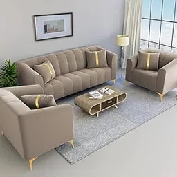 FURNART FURNITURE & INTERIOR Alzio 5 Seater Sofa Set 3+1+1 Washable Velvet Fabric for Living Room Modern Style Comfortable Seating (Beige)-picture-11