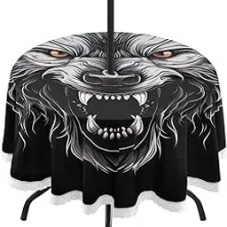 Wajiw 60 Inch Indoor Outdoor Round Tablecloth with Umbrella Hole and Zipper Waterproof Patio Table Cover for Camping Dining Room Party Outdoor Picnic,Wolf-picture-10