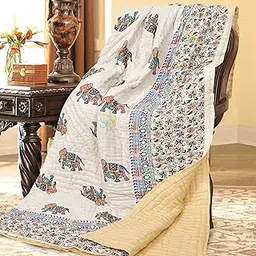 Rajasthan Traditional Sanganeri Elephent Print Gold Print Cream Color Jaipuri/Razai/Quilt Double Bed-picture-27