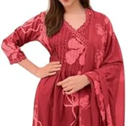 bna bnaya Women's Sage Green Floral Print Cotton Salwar Suit Set With Dupatta, Pintuck Detail, Lace Trim, 3/4 Sleeve Ethnic Wear-picture-44