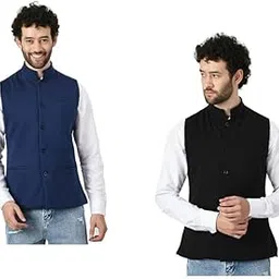 indiweaves Men Waistcoat Nehru/Modi Jacket for Winter (Pack of 2) Navy Blue::Black-picture-42