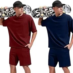 Men's 2-Piece Gym Set of 2 Athletic Short Sleeve T-Shirt & Shorts with Pockets Quick Dry Activewear for Workout Sports (Maroon-Blue-XL)-picture-18