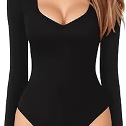 mangopop Sweetheart V Neck Bodysuit for Women Short Sleeve Long Sleeve Body Suits Tops-picture-28
