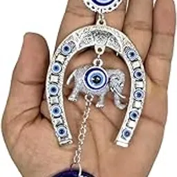 DT DECTONE Stainless Steel Evil Eye Hanging for Home Main Door Entrance, House Door Decoration, Horseshoe with Elephant Nazar Battu for Home Protection, Prosperity at Office and Home, Blue-picture-10