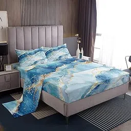 White Blue Marble Bed Sheet Set Girls Women Gold Glitter Stone Texture Sheet Sets Abstract Painted Art Bedding Set for Children Kids Boys Girly Luxury Bright Colorful Sheets Room Decor Queen Size 4Pcs-picture-12