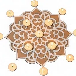 VOV Rangildiya Traditional Indian Crafts Mandala Rangoli Kit with Tea Light Holders, White Gold Pink Blue, Wood Metal Paper, 30.5 cm, Festival Decor, Traditional Style, for Home Entrance Pooja Room-picture-21
