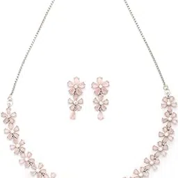 Attractive Rhodium Plated Silver Toned with American Diamond Studded Floral Shaped Choker Necklace with Drop Earring Jewellery Set for Women & Girls-image-22