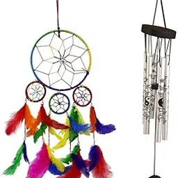 Ryme Multi Dream Catcher & Feng Shui Om Rudraksha Wind Chime Hanging for Home (Pack of 2) (4 Rings Dream Catcher and Silver Yin Yang Wind Chime)-image-24