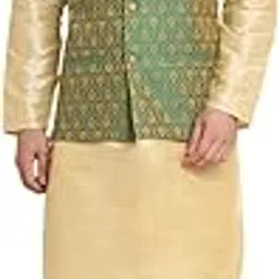 Mens Sea Green Silk Blend Kurta and Churidar Set with Jacquard Paisley Nehru Jacket-image-46