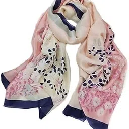 Women's Floral Print Silk Scarf, Pink and Navy Border, Square Neck Wrap, 73 x 35 Inches Printed Poly Silken feel Stole for Women | Stylish, Soft, & Lightweight | Satin Feel Neck Scarf-picture-54