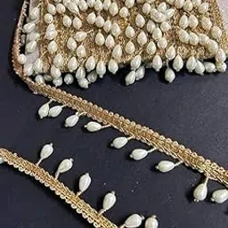 generic Hanging Golden lace with Half White Ivory Beads Drop Tear Design Pearl Multi Purpose latkan Ribbon use Blouse Dresses Western Crafting DIY (Gold with Cream, 4meter)-picture-60