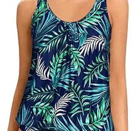 yonique Womens Blouson Tankini Top No Bottom Loose Fit Swim Top Modest Tank Top, Blue and Leaves, Small-picture-23