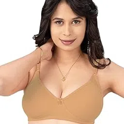 lovable Women Cotton Non-Padded Wire-Free with Lace Styling and Adjustable Straps V-Neck Full Coverage Seamless T-Shirt Bra (Beige-38C) - Contours image 1