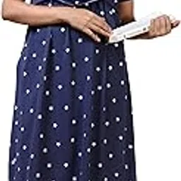 Women's Navy Blue Star Print Maternity Midi Dress with Draped Dupatta Style Short Sleeve-image-47