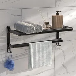 Lifelong Bathroom Shelf for Storage | Wall Mounted Washroom Rack with Hook | Double Layer Multipurpose | Strong and Durable | Rust & Scratch Proof -Accessories (LLBATR03, Black)-picture-30