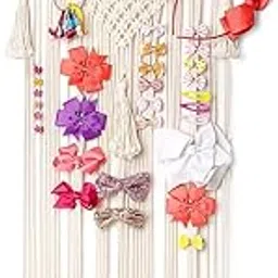 Macrame Kn0ts Hair Bow Holder Hair Clips Hanger Headband Storage Organizer Fringe Boho Wall Decor Bow Organizer for Baby Girls Room Ornament Gift,Ivory(Clips Not Included)-picture-42