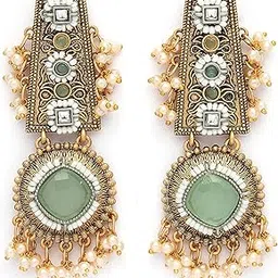 karatcart Gold Plated Lime Green Stone Floral Design Kundan Drop Earrings for Women-picture-19