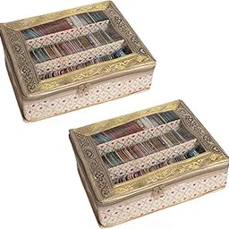 HomeStrap 3 Rod Brocade Design Bangle Storage Box/Chudi Set Organizer (Golden|Pack of 2) image 1