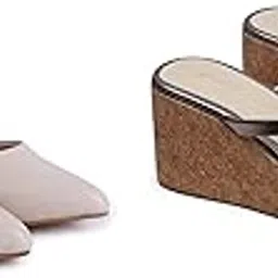 GojiBerry Women's Wedges Heel Metalic Grey Colour Sandal + Cream Sandals for Spring and Winter | Combo of 2-picture-53