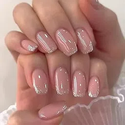 Set Of 14Pc, Press-on Nail Extensions, Short Coffin Glossy Nude Pink with Silver Glitter French Tips, With Free Glue kit-image-52
