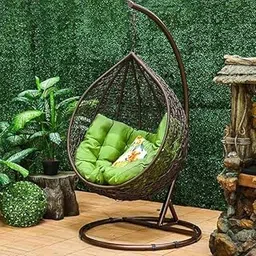 OUTAREA Single Seater Swing Chair with Stand & Cushion Outdoor Indoor Balcony Garden Patio,Powder Coated Frame,UV Protected Wicker,Cushion (Swing-Brown/Cushion-Green)-picture-21