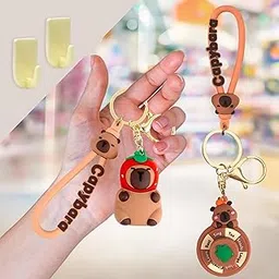 toyshine 2 Pc Cute Capybara Animal Figurine & Capabala Rotary Table Kawaii Keychains Set along with Holder Accessories - Brown image 1