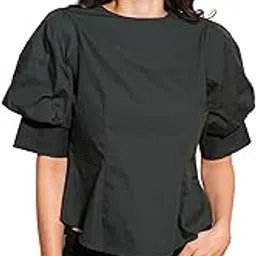 globus Women Puff Sleeve Round Neck Back Button Shirt Style Workwear Top-picture-13
