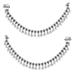 9blings Silver Plated Pearl and Mirror Studded Anklet | Traditional Payal For Women and Girls-picture-20