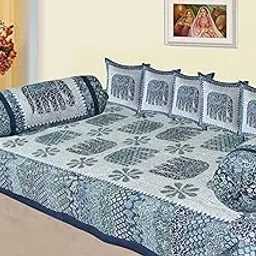 AMLEXTTRIZ Barmeri Special Elephant Design Pure & Soft Cotton Diwan Set – 8 Pieces (5 Cushion Covers, 2 Bolster Covers, 1 Bedsheet) (Dark Blue)-picture-20