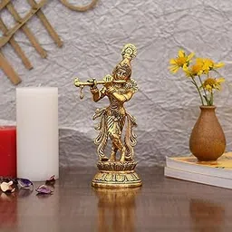Collectible India Lord Krishna Idol Statue Krishna Idols Gold Plated Flute Playing Krishan Decorative Showpiece Figurine for Pooja Room & Gift (Set of 1)-picture-16