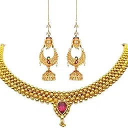 heer collection Traditional Wedding Maharashtrian Kolhapuri Thushi (Choker) Necklace Set Jewellery for Women and Girls (Combo THUSHI 812)-picture-39