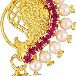 Vighnaharta Gold Plated Mayur Design with Pearl and Artificial stone Alloy Maharashtrian Cultural Nath Nathiya./ Nose Pin valentine day gift valentineday gift for her gift for him gift for women gift for women [VFJ1213NTH-Press-Pink]-image-26