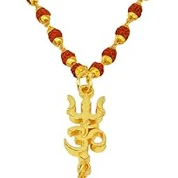 sullery Om Trishul Rudraksha Locket with Rudraksha Mala Gold Brown Brass Wood Necklace Pendant-picture-37