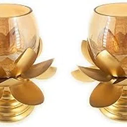 Cracked Glass Lotus Shape Brass Tea Light Candle Holder - Crystal Glass - Golden Color - Pack of (2)-picture-33