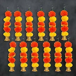 eCraftIndia Artificial Marigold Flower Garland with Golden Bells - Artificial Flowers Wall/Door Hanging (10, Yellow Orange Marigold Flower)-picture-23