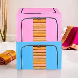 Homestic Pack of 2 Clothes Storage Box | 66 Liter Waterproof Storage Box for Blankets | Underbed Storage Bag | Foldable Parachute Steel Frame Wardrobe Organizer | Sky Blue & Pink-image-64