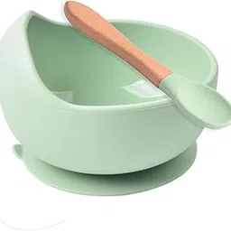 HEXONIQ Baby Feeding Bowl & Spoon Weaning Set Food Grade Silicone Suction Cup Bowl & Wooden Spoon with Stay Put Silicone Suction Bowl, Gift for Toddler Children Girls Boys (Green), 350 ML-picture-10