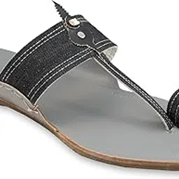 korakari Men Denim Charm Kolhapuri Chappal Leather Handcrafted Sandal Smooth and Comfortable Flip Flops Slipper Stylish Anti Slip Design Traditional Footwear-picture-54