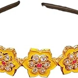 MANBHAR GEMS - Kundan mathapatti Hair Band for Women and Girls | Tiara Head Piece Sheeshphool Matha patti Fusion Ethnic Hair Accessory for Festive Season Weddings Shaadi Yellow Colour Head band-picture-44