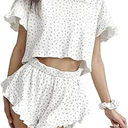 sannidhi Women's Pajama Set Ruffle Sleeves Top and Short Ribbed Knit Sleepwear Soft 2 Piece Loungewear Crewneck Summer Cute Pjs Shorts Set-picture-11