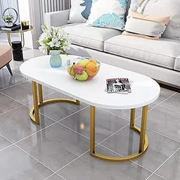CROWN ART SHOPPEE Modern Oval Faux Marble Coffee Table with Gold Metal Frame Living Room Table with Shelf Cocktail Table (White-Gold)-image-65