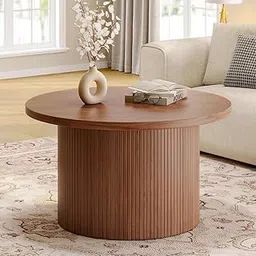 Modern Round Coffee Table, Walnut Wood Finish, Ribbed Cylindrical Base, Contemporary Center Table for Living Room, Decorative Display Surface image 1