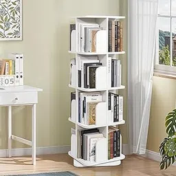 ABOUT SPACE Rotating Book Shelf for Home Library - 4 Tier 360° Book Rack | Wooden Square Bookstand with Partition, Curved Edges, Bottom Turnplate for Office Livingroom (White - L 40 x B 40 x H 130cm)-picture-34