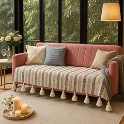 Neutral Chevron 3 Seater Sofa Cover With Tassels For Living Room| Throw Pillow Three Seater Anti-Slip 3 Seater with Tassels|Sofa Throws For 3 seater:Seat Cover-Fits 3 Seater Sofa Seat image 1