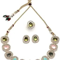 Iconic Gold Plated AD Stones Studded Multicolor Choker Necklace Set with Studs Earrings & Ring Jewellery for Women & Girls|Jewellery for Party, Wedding, and Festive Occasions for Women|NS107548-image-48