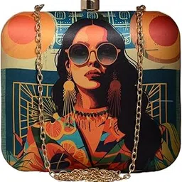 Printed Stylish Clutch for Women - Hardcase Square Box Sling Bag with Quirky Design - Detachable Golden Chain Strap-image-69