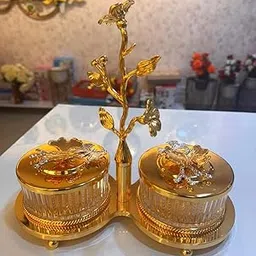Luxury Glass Storage Jar Set with Gold Plated Stand, Crystal Decorative Container with Floral Lids, 2-Piece Elegant Vanity Organizer with Ornate Flower Stem-picture-66